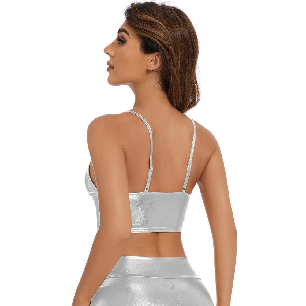 2940 Metallic Crop Tops Shiny V-Neck Tube Bra for Dancing Raves - Picture 5 of 5